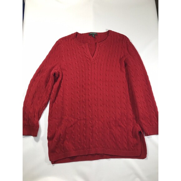 Lauren Ralph Lauren Sweater Woman 2X Red Cable Knit Tunic V Neck - Picture 1 of 7